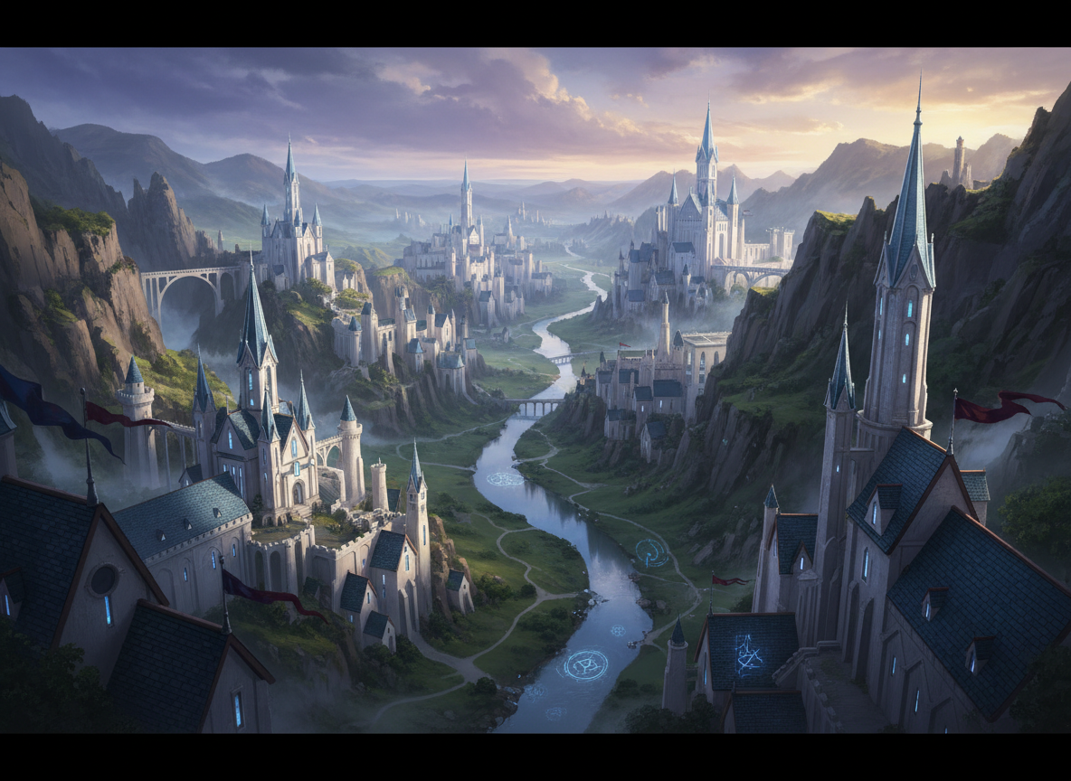A vast, ancient fantasy kingdom sprawling across emerald valleys and jagged slate-gray cliffs, its ivory stone citadels crowned with silver-blue spires and delicate crystalline bridges. Below, a winding river reflects a sky streaked with violet and gold clouds at dusk. Soft, cinematic golden-hour light grazes slate roofs, banners of deep burgundy and midnight blue, and mist curling between towers. The atmosphere feels majestic and contemplative, with faint arcane sigils glowing on ramparts and in the river’s current. Captured in wide, panoramic composition from a high vantage point, with dramatic depth and subtle haze over the far horizon. The style is richly cinematic and photorealistic, evoking epic high fantasy sophistication without any characters present.
