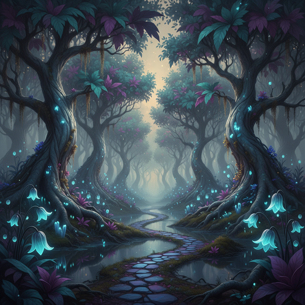 A luminous, otherworldly fae forest at twilight, where towering silver-barked trees twist skyward, their leaves an iridescent gradient of teal, amethyst, and deep jade. Between roots veined with bioluminescent blue, delicate glasslike flowers emit a soft cyan glow, mirrored in still pools of water. Wisps of pale gold light drift among hanging moss and crystalline fungi clinging to trunks. Cinematic, diffused twilight spills from an unseen horizon, mingling with the inner radiance of the flora to create layered, atmospheric lighting and gentle fog. The composition uses a subtle leading path of glowing stones, drawing the eye into the depth of the forest. The mood is hauntingly beautiful, sophisticated, and slightly uncanny, emphasizing the hidden realms of Aphethas without any visible creatures.