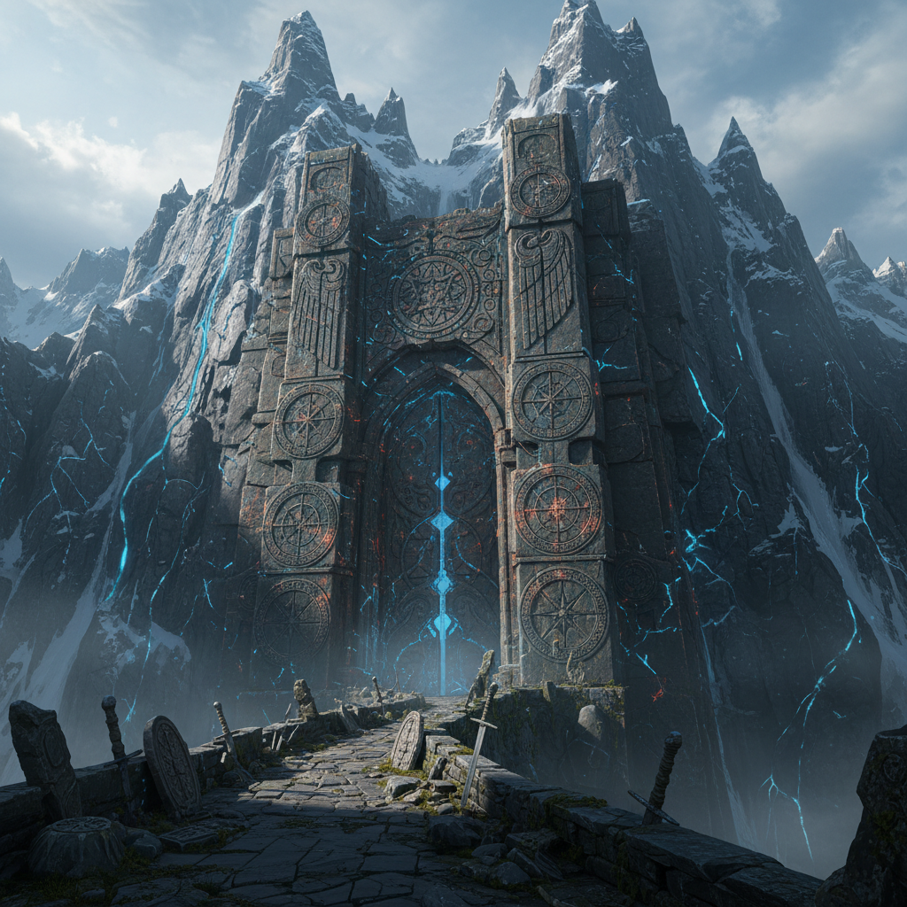 A colossal, rune-etched stone gate embedded in a sheer mountainside of dark granite, its surface veined with veins of faintly pulsing azure crystal. The gate’s surface is carved with interlocking circles, constellations, and stylized wings, some lines glowing like embers awakening. Jagged peaks loom above, dusted with snow, while a narrow ledge of weathered rock and scattered ancient relics leads toward the portal. Cold, high-altitude light mixes with a subtle internal blue radiance from the gate, casting sharp, cinematic shadows and a cool, imposing atmosphere. Framed from a low-angle, slightly off-center perspective to emphasize monumental scale, with crisp detail in the foreground stones and subtle atmospheric perspective fading into the mountain mists beyond.