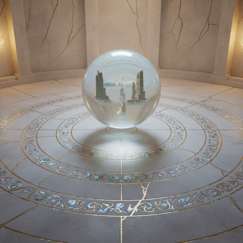 A secluded sanctum of memory magic hidden beneath Aphethas, featuring a circular chamber carved from smooth, pale stone veined with faintly glowing gold. In the center hovers a perfectly still, waist-high sphere of water, impossibly suspended, containing faint, shifting scenes of distant landscapes and forgotten citadels. Around it, concentric rings of delicately engraved sigils radiate from the floor, inlaid with opalescent mother-of-pearl. Soft, cool light emanates from the sigils themselves, while subtle ambient glow from unseen sconces adds warm accents, creating a sophisticated, cinematic interplay of color temperatures. The air seems mildly blurred around the floating water, suggesting power. Captured from a slightly elevated, centered viewpoint with symmetrical composition, the image feels serene, contemplative, and reverent, emphasizing the themes of memory and destiny in the saga.