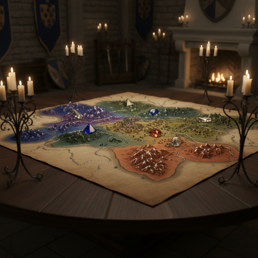An elegant war map of the Kingdom of Aphethas spread across a dark walnut strategy table in a candlelit war chamber. The parchment map is hand-inked with rivers like silver threads, mountain ranges embossed in raised relief, and territories tinged in muted jewel tones. Translucent crystal markers—sapphire, garnet, and smoky quartz—rest atop key locations, each casting tiny prismatic reflections. Tall, wrought-iron candelabras ring the room, their flames providing warm, flickering cinematic light that pools on the table’s surface and leaves the stone walls in shadow. Shot from a slightly elevated three-quarter angle, the composition focuses on the map’s center while the distant walls, banners, and weapon racks blur softly. The mood is tense, intellectual, and strategic, evoking looming conflict and fragile alliances without any figures present.