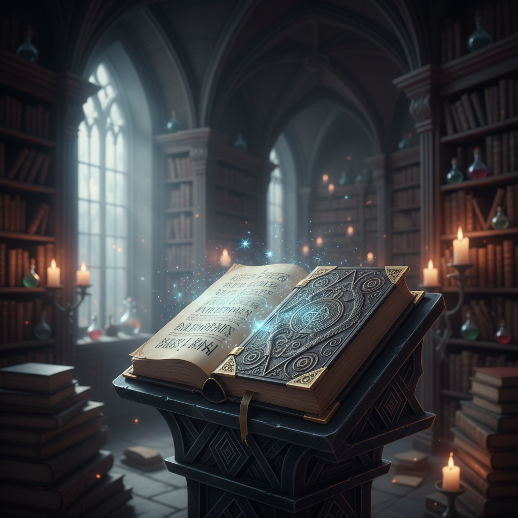 An ornate, leather-bound grimoire of Aphethas resting open on a carved obsidian lectern in a vaulted library of towering bookshelves. The book’s pages are thick, cream parchment edged in gold, inscribed with intricate runes and faintly glowing constellations that seem to drift above the ink. Around it, shelves of weathered tomes and glass vials shimmer in the dimness. A single shaft of cool moonlight pours through a tall arched window, intersecting with the warm ember glow of floating candles, creating cinematic, cross-lit highlights and deep shadows. The mood is scholarly, secretive, and reverent. Shot at eye level with a shallow depth of field that sharpens the grimoire while the labyrinthine library recedes into soft blur, emphasizing mystery and lore.